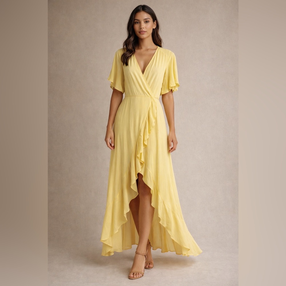 Leith Yellow High-Low Wrap Maxi Dress with Ruffle Trim